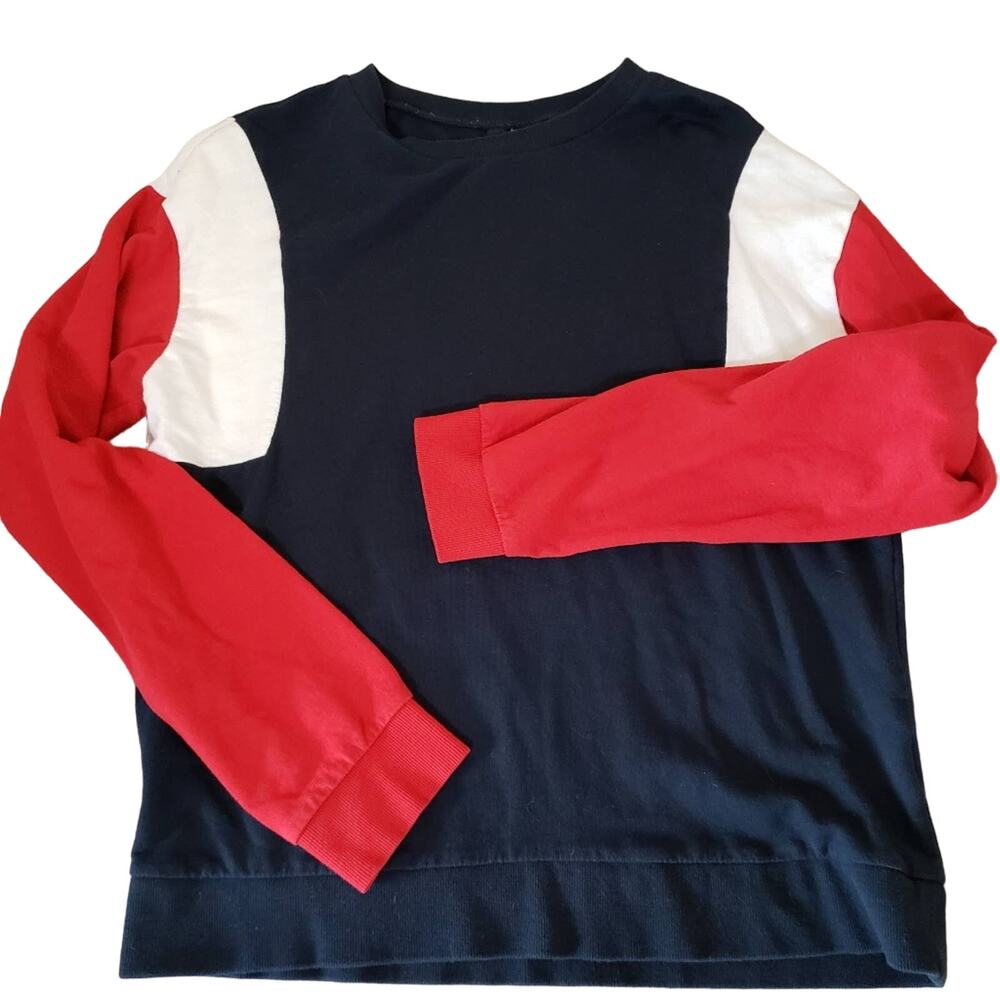 Y2K H&M Womens Shirt Oversized Colorblock Cotton Relaxed Casual Crew Neck Blue S